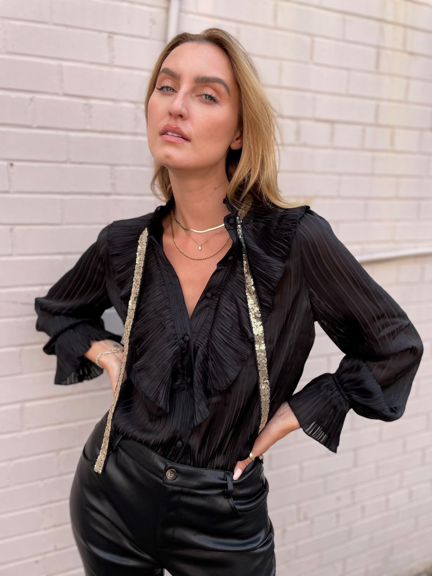The Pink Door Ruffle w/ Gold Tie Blouse - Black