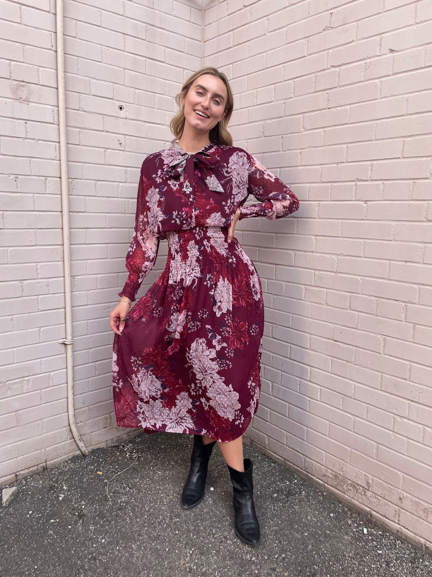 Bishop + Young Cameo Floral Print Midi Dress - Dahlia Wine