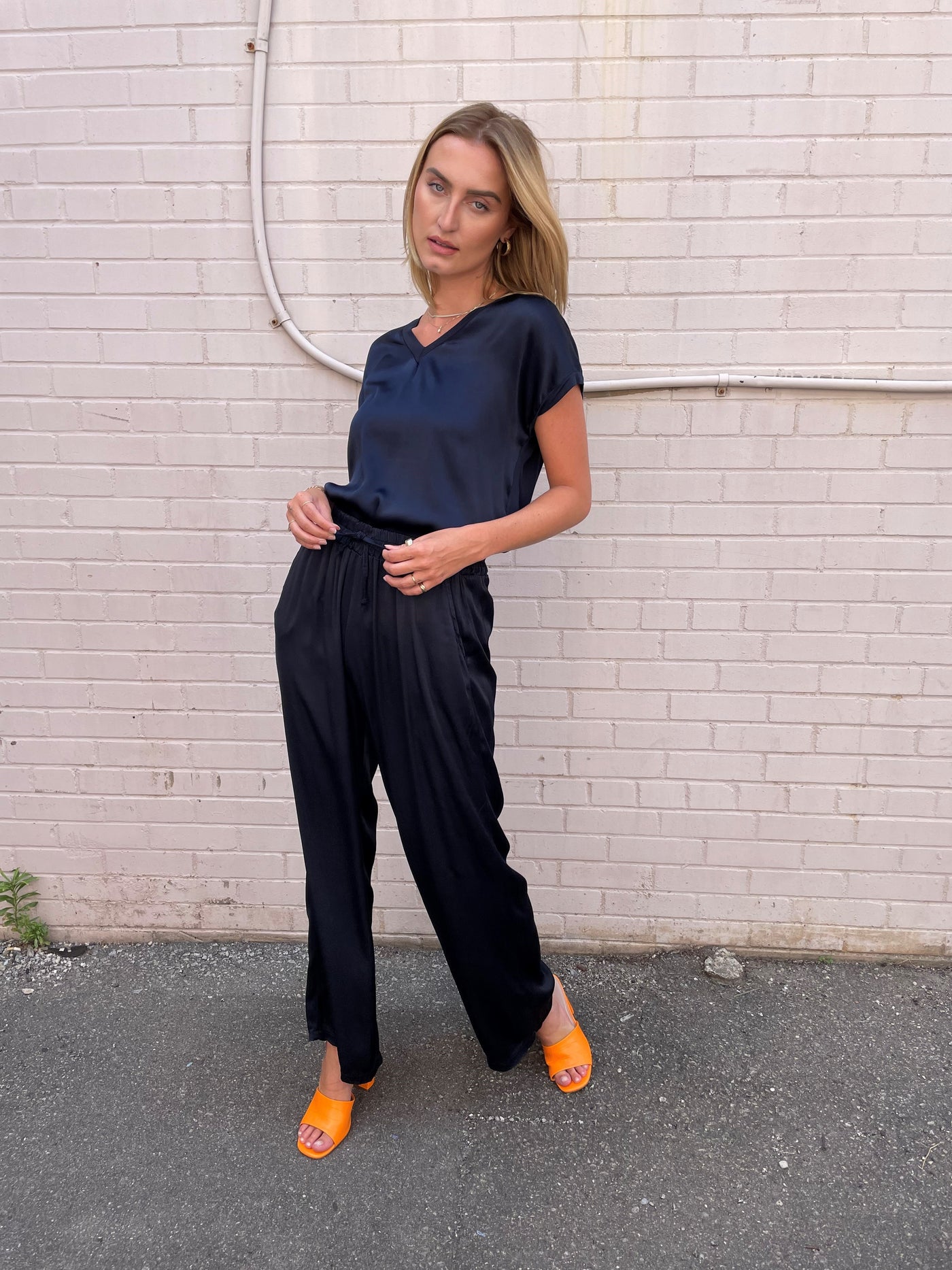 The Pink Door Silky Wide Leg Pant - Navy