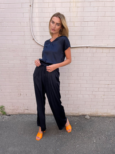 The Pink Door Silky Wide Leg Pant - Navy