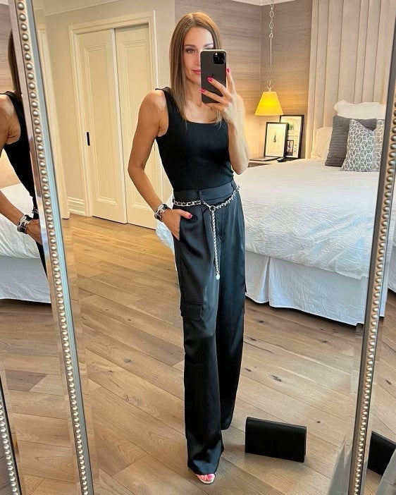 The Pink Door Wide Leg Silky Cargo Pants - Black