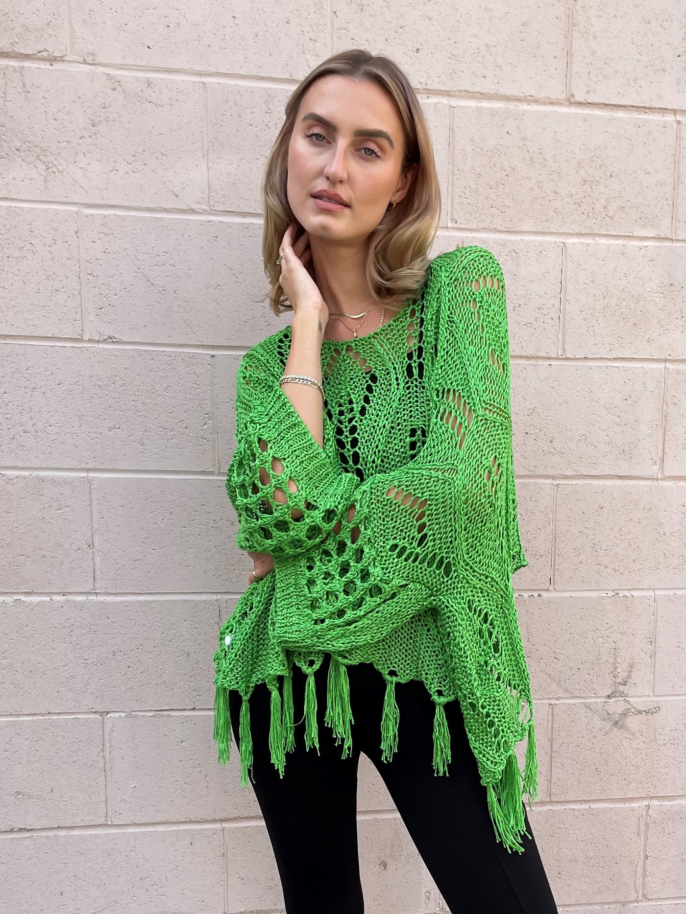 The Pink Door Crochet Sweater - Green