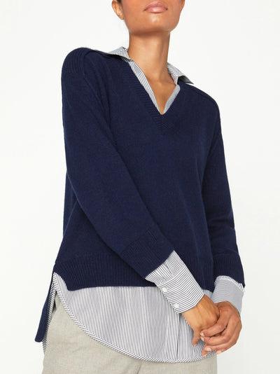 Brochu Walker V-neck Printed Layered Looker Top - Navy/Stripe