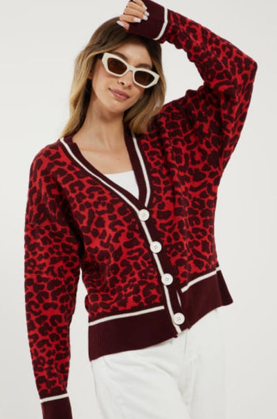 The Pink Door Red & Maroon Leopard Print Cardi