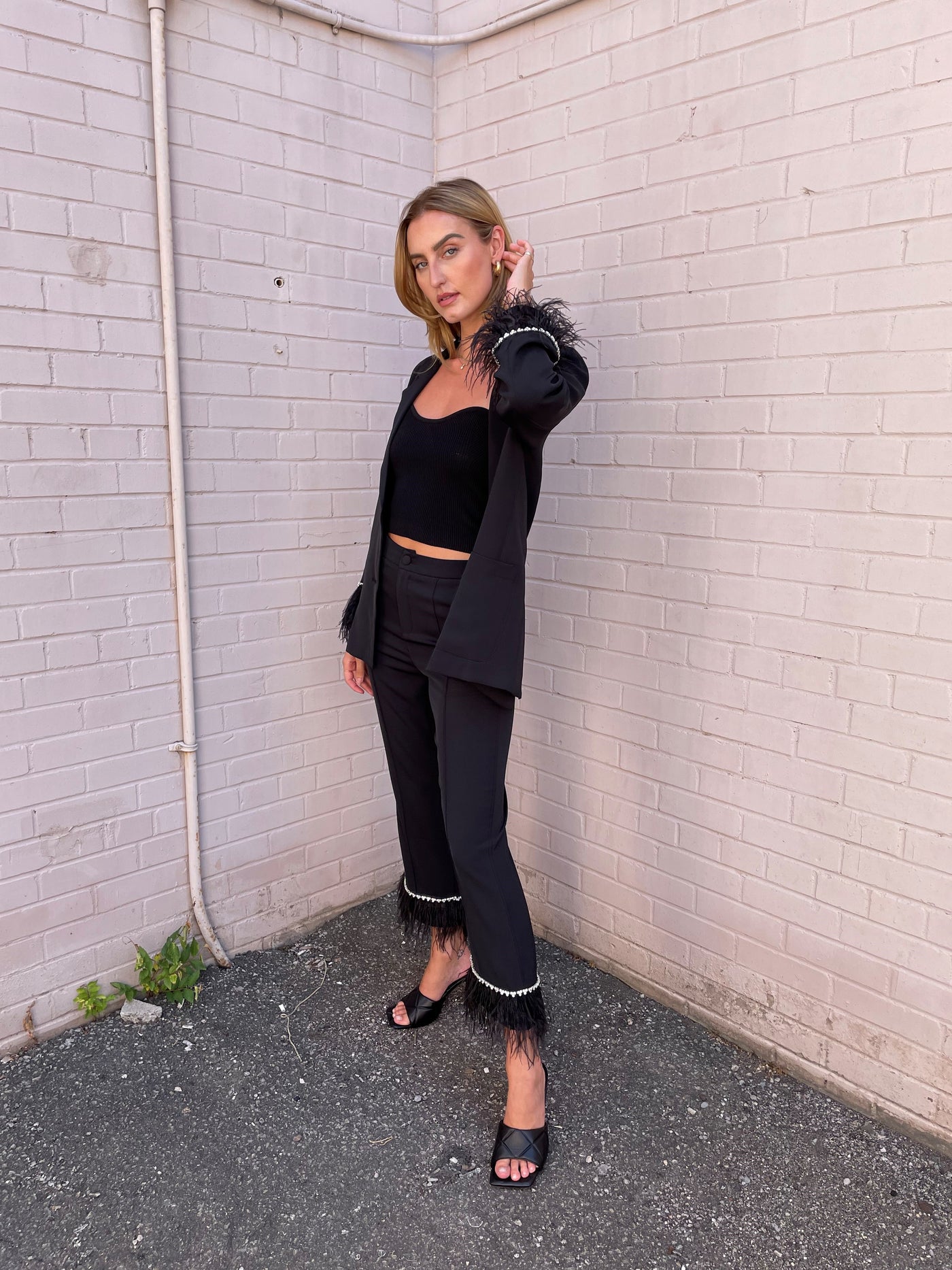 The Pink Door Rhinestone & Feather Trim Pants - Black