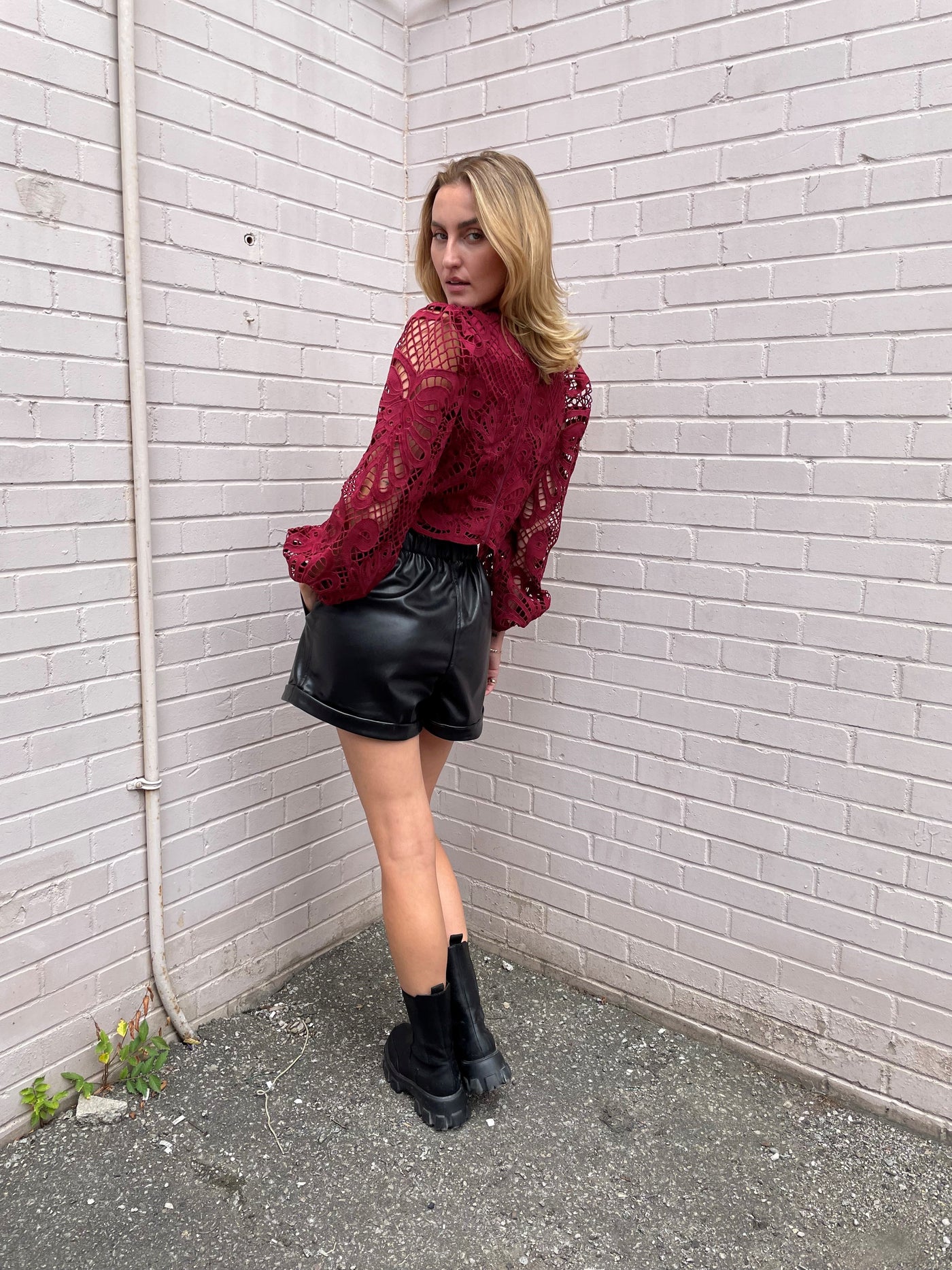 The Pink Door Wine L/S Crochet Top