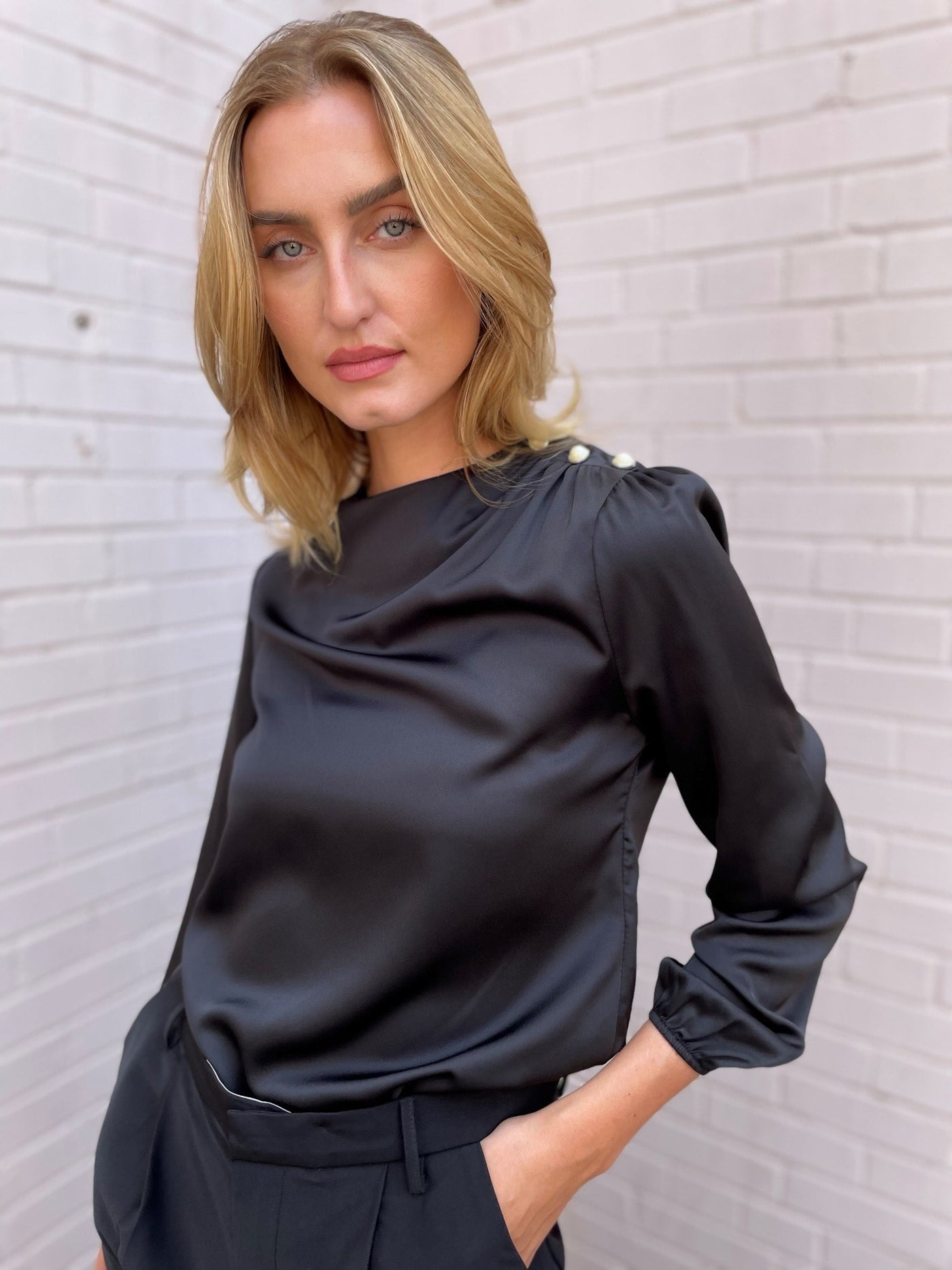 The Pink Door Pearl Detail Silky Top - Black