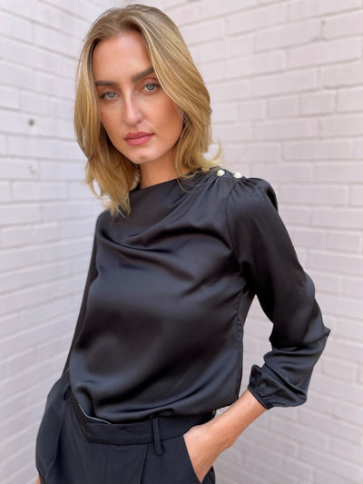 The Pink Door Pearl Detail Silky Top - Black