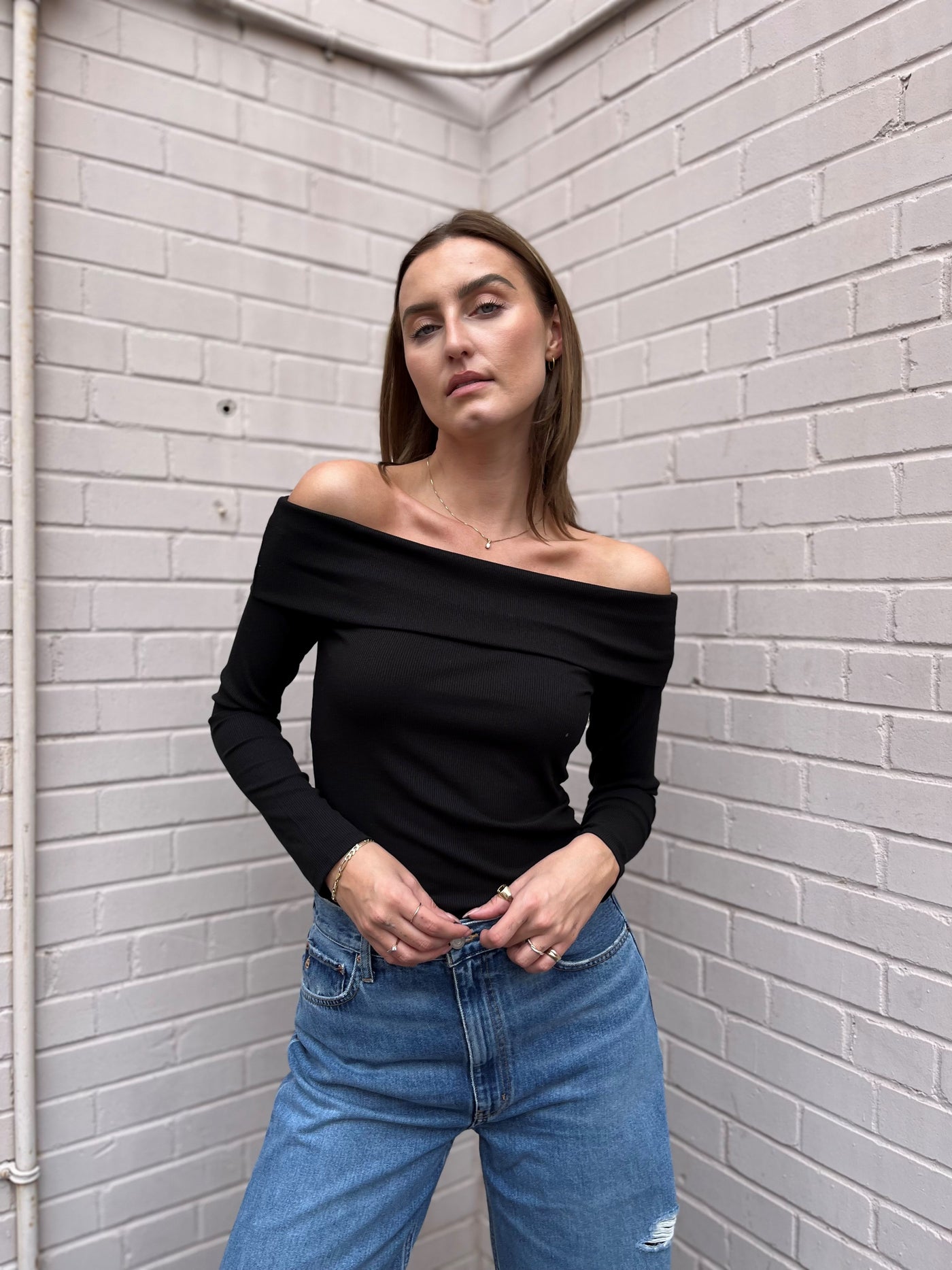 The Pink Door Black Off The Shoulder Ribbed Top