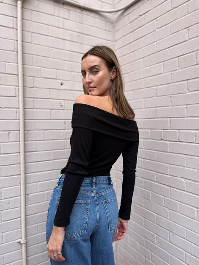 The Pink Door Black Off The Shoulder Ribbed Top