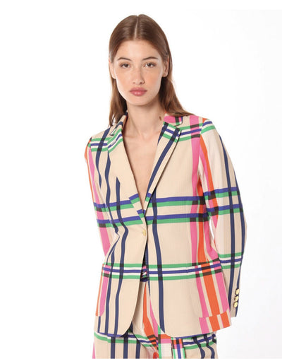 Vilagallo Harlow Plaid Print Multicolour Blazer w/ Gold Buttons