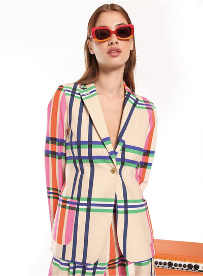 Vilagallo Harlow Plaid Print Multicolour Blazer w/ Gold Buttons