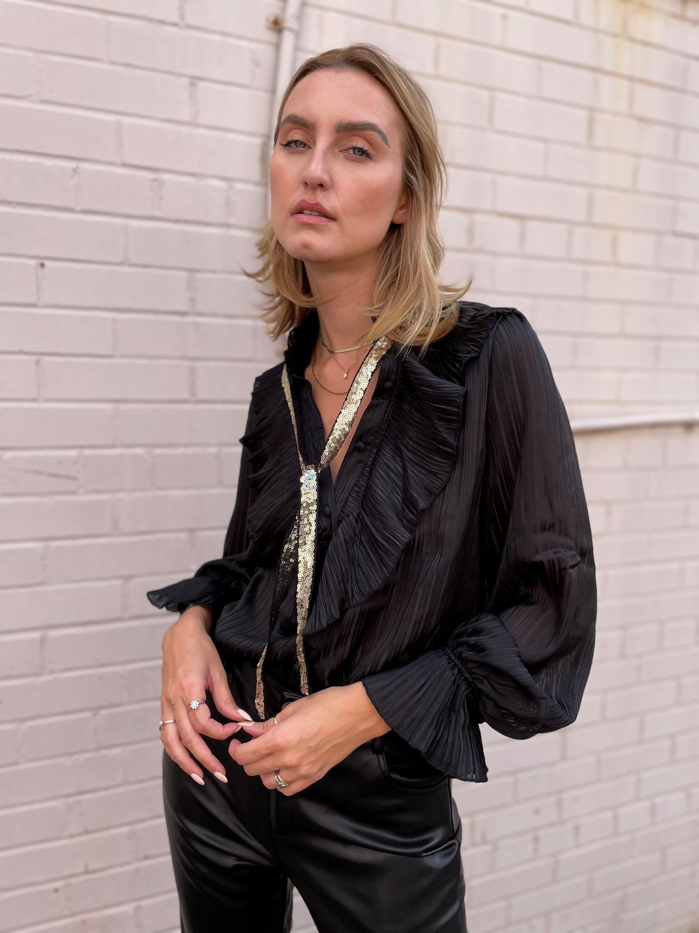 The Pink Door Ruffle w/ Gold Tie Blouse - Black