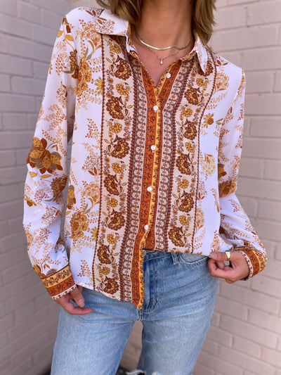 The Pink Door Print Top Cognac