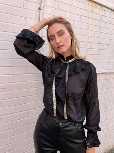 The Pink Door Ruffle w/ Gold Tie Blouse - Black