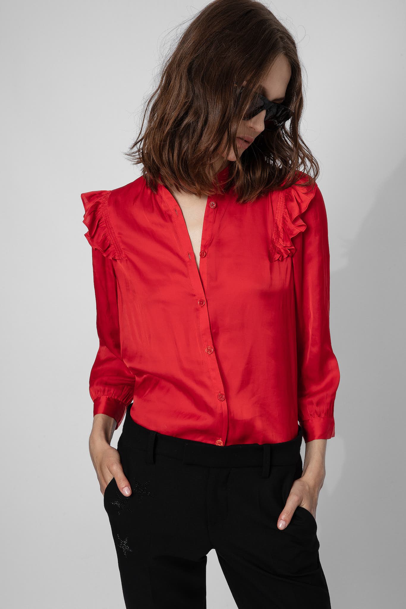 Zadig & Voltaire Tygg Satin Ruffle Blouse -Red