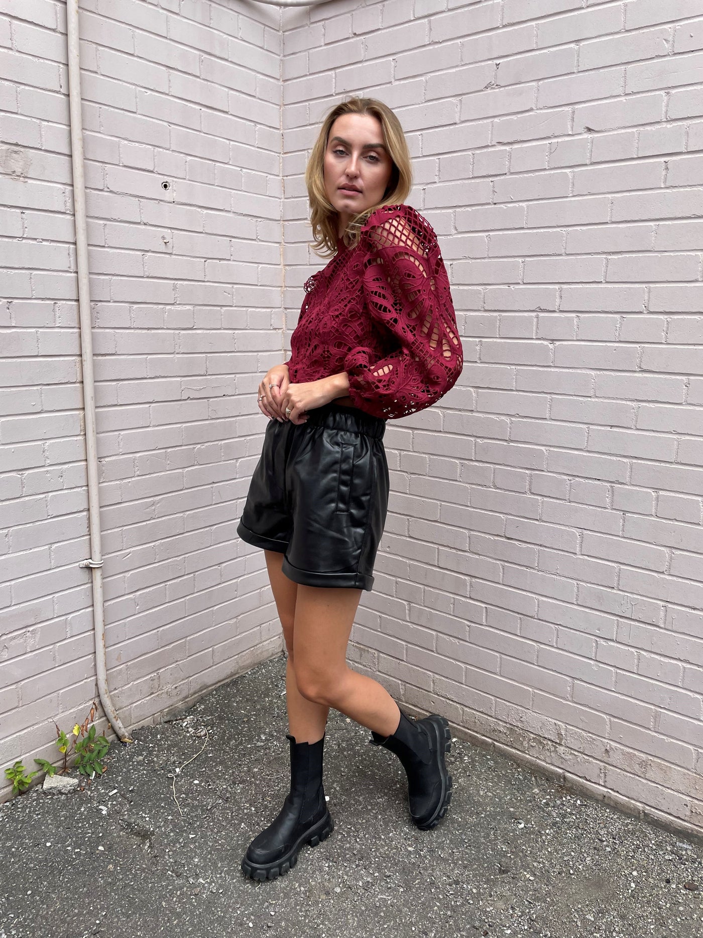 The Pink Door Wine L/S Crochet Top
