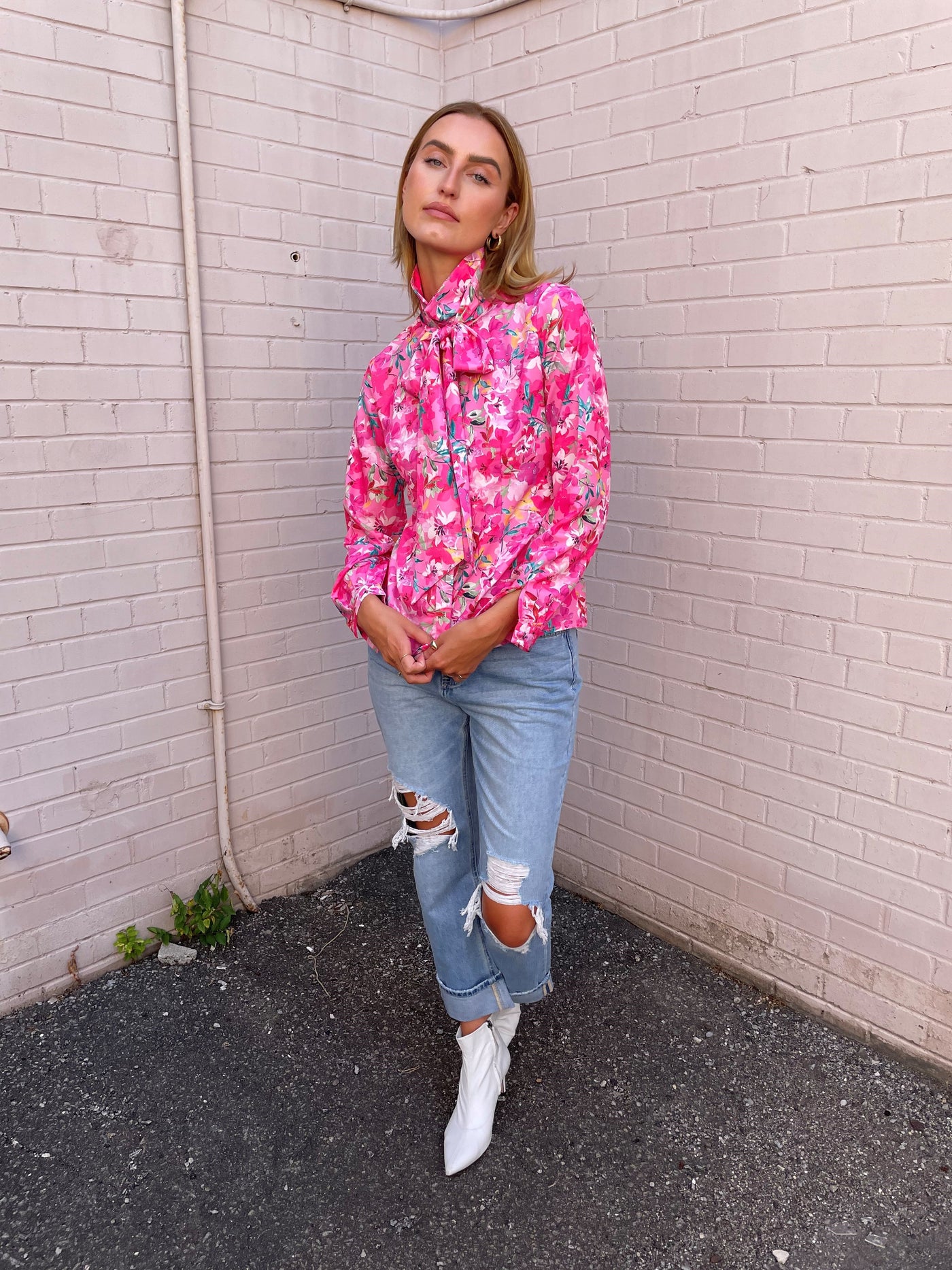 The Pink Door Pink Floral Print Shirt w/ Bow
