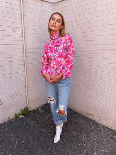 The Pink Door Pink Floral Print Shirt w/ Bow